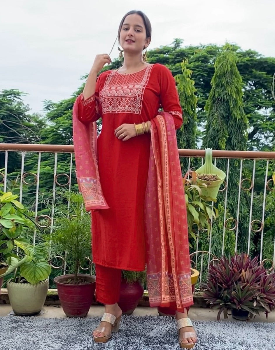 Red Kurti with Pant And Dupatta | Leemboodi