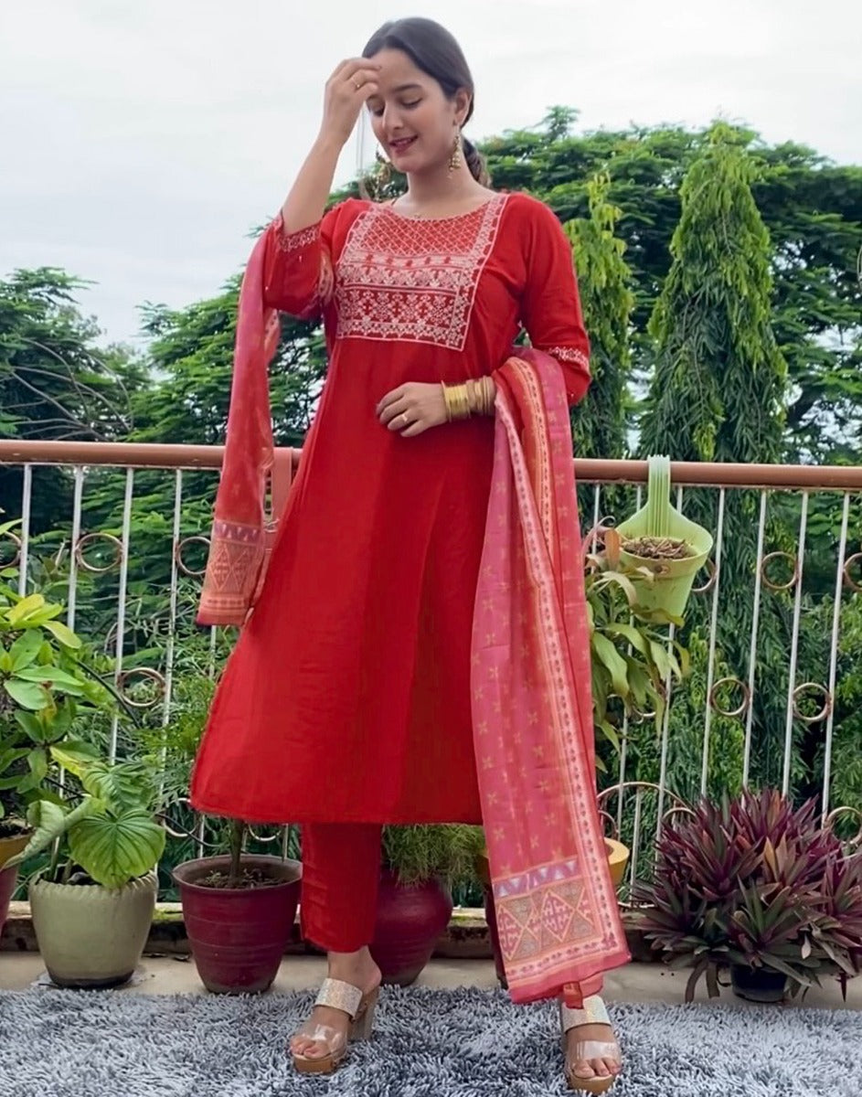 Red Kurti with Pant And Dupatta | Leemboodi