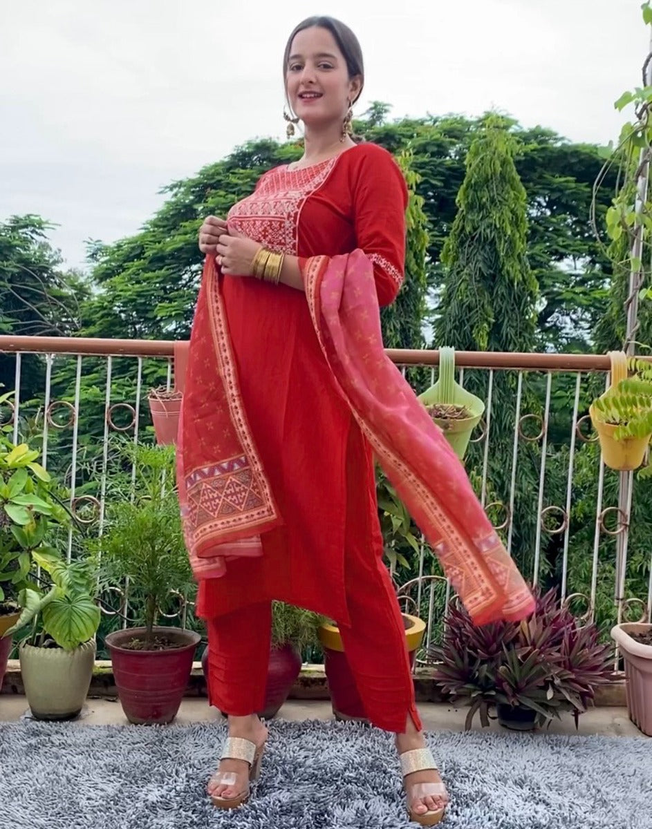 Red Kurti with Pant And Dupatta | Leemboodi