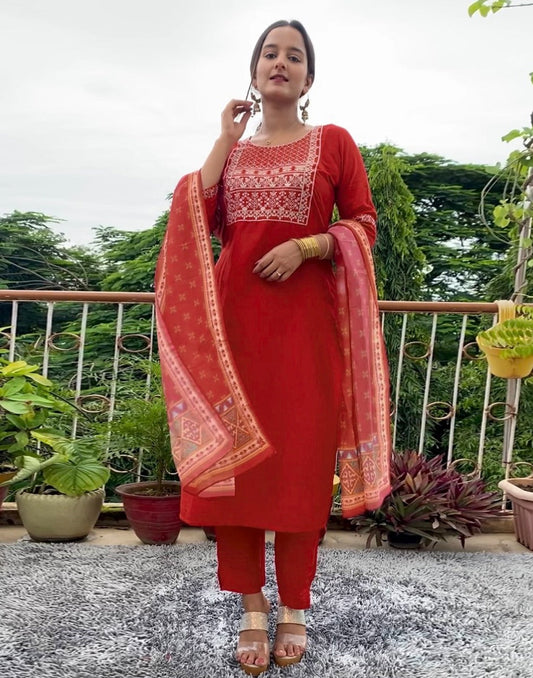 Red Kurti with Pant And Dupatta | Leemboodi