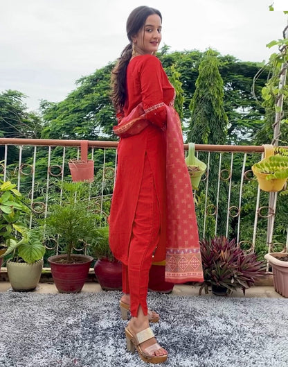 Red Kurti with Pant And Dupatta | Leemboodi