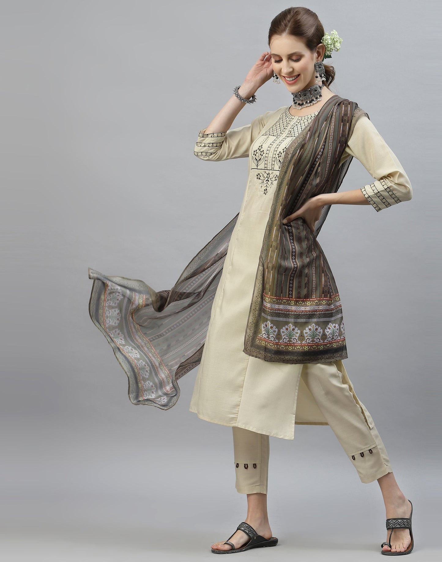 Cream Kurti with Pant And Dupatta | Leemboodi