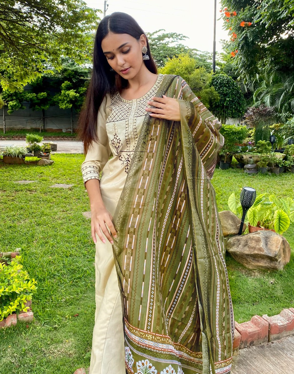 Cream Kurti with Pant And Dupatta | Leemboodi