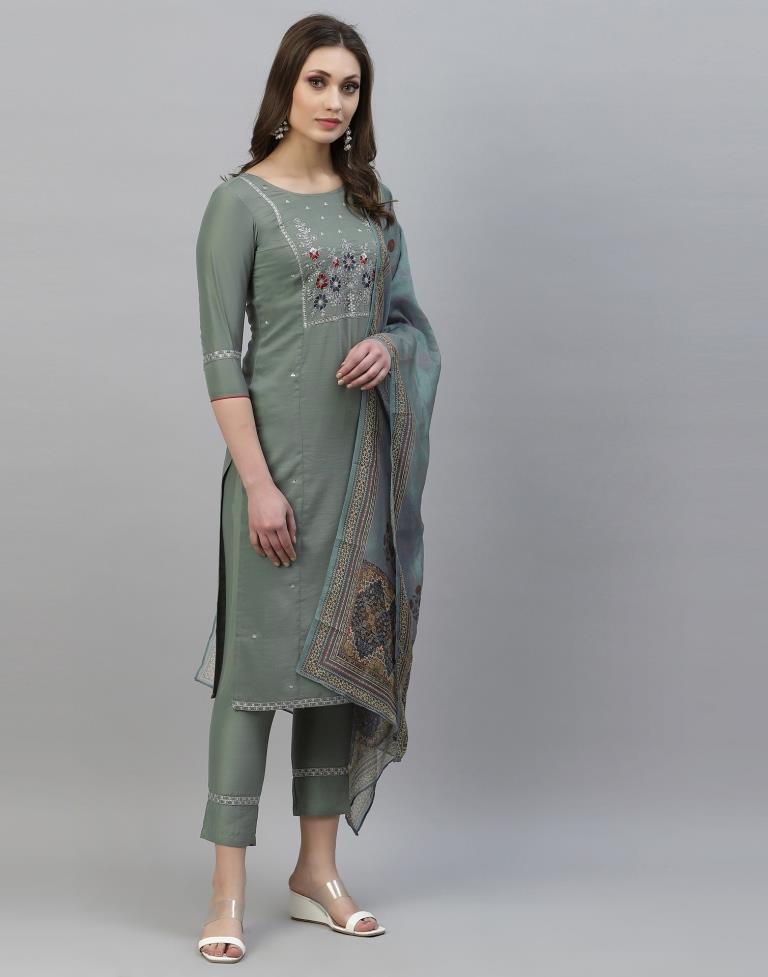 Dusty Green Kurti with Pant And Dupatta | Leemboodi