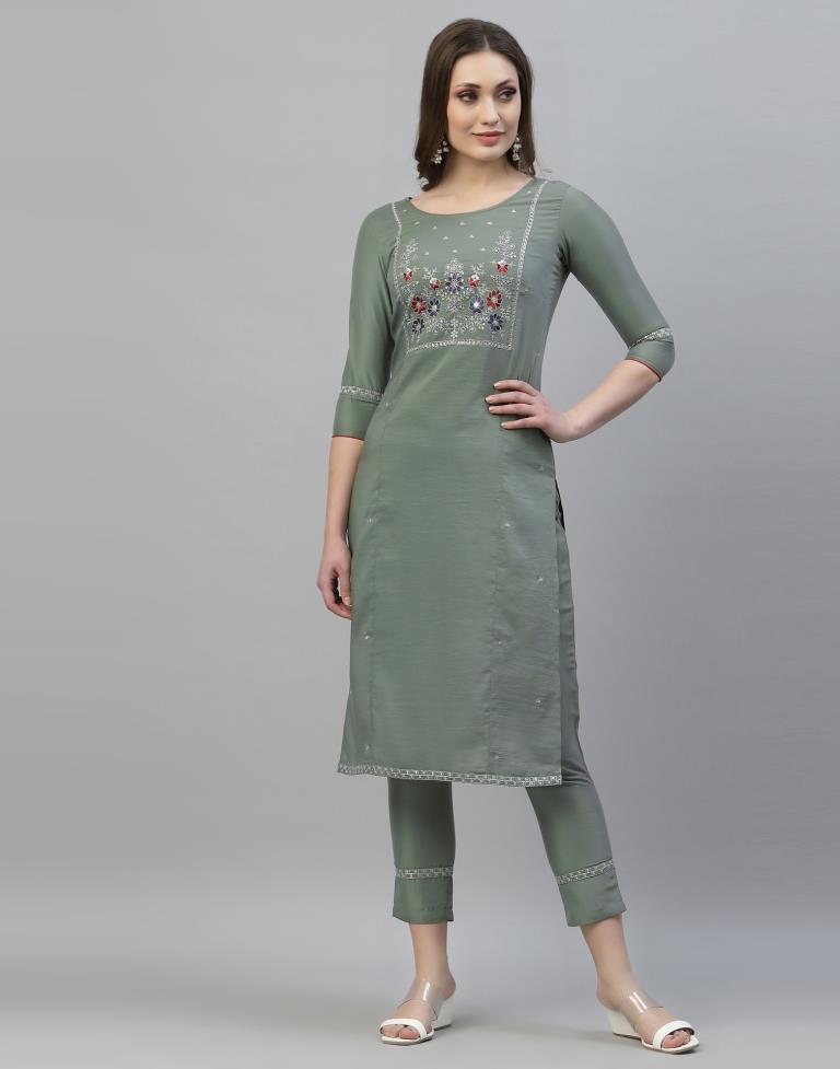 Dusty Green Kurti with Pant And Dupatta | Leemboodi