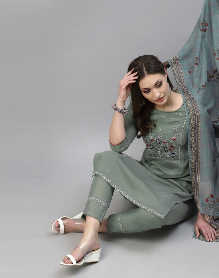 Dusty Green Kurti with Pant And Dupatta | Leemboodi