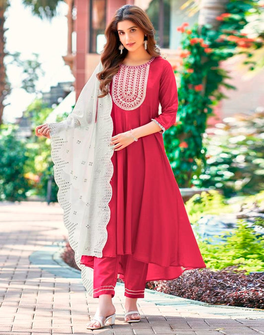 Dark Pink Plain Muslin Flared Kurta Set With Dupatta