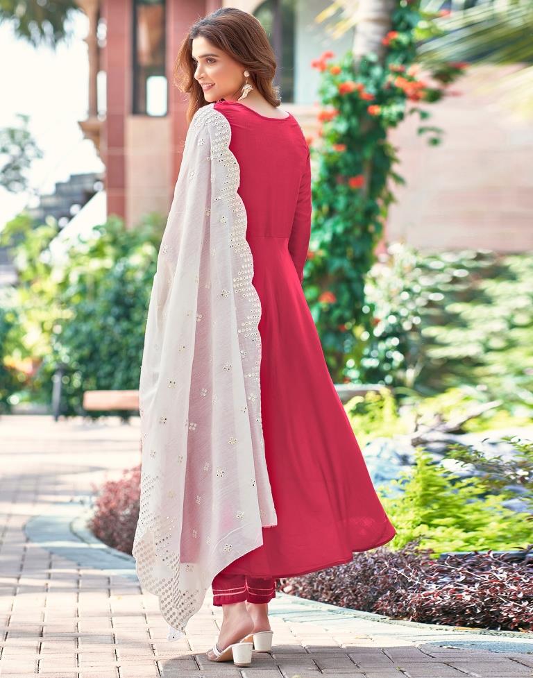 Dark Pink Plain Muslin Flared Kurta Set With Dupatta