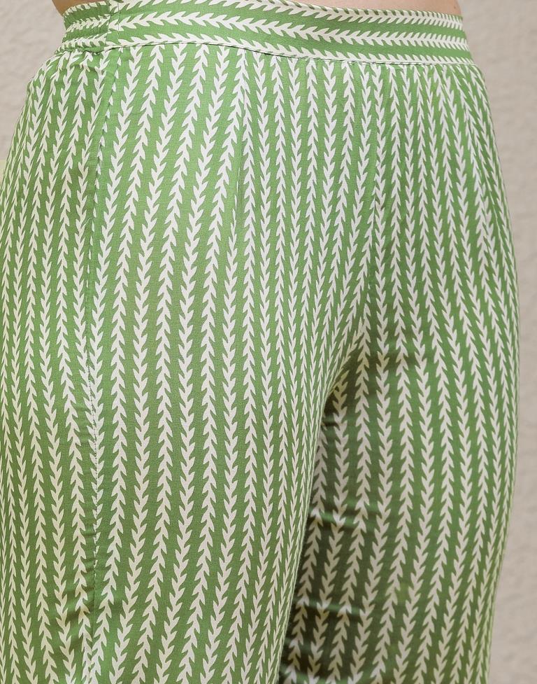 Green Printed Cotton Straight Kurta With Pant And Dupatta