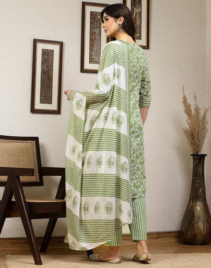 Green Printed Cotton Straight Kurta With Pant And Dupatta