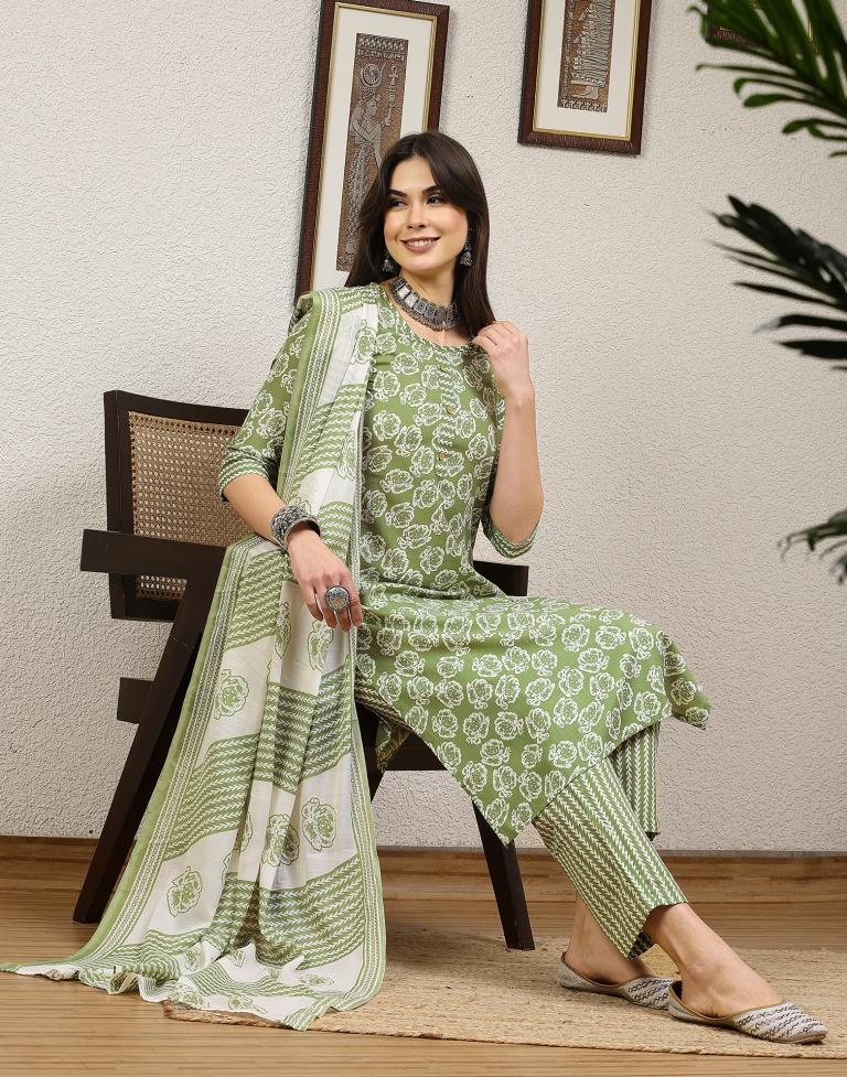 Green Printed Cotton Straight Kurta With Pant And Dupatta