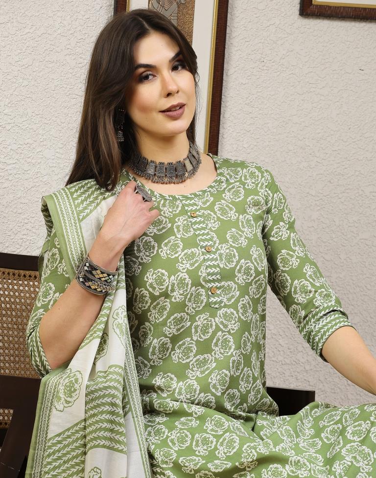 Green Printed Cotton Straight Kurta With Pant And Dupatta