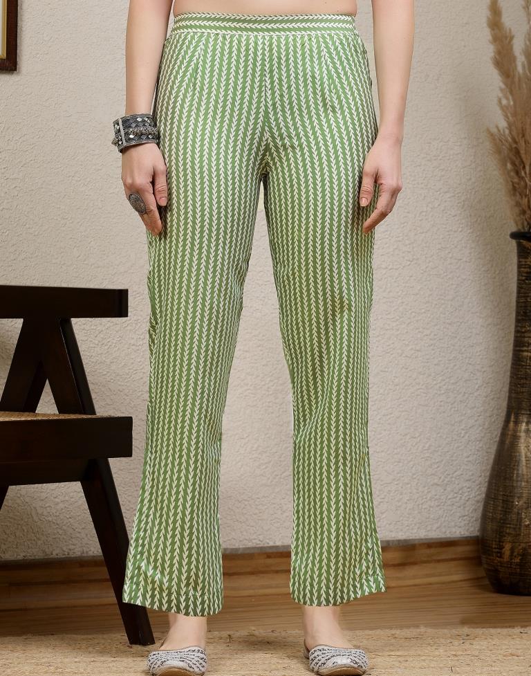 Green Printed Cotton Straight Kurta With Pant And Dupatta