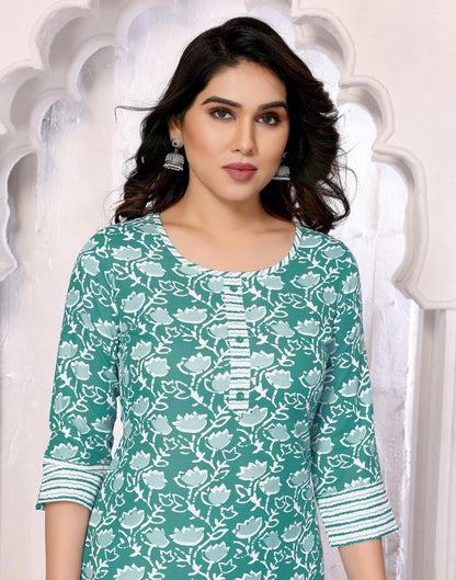 Turquoise Printed Rayon Straight Kurta Set with Dupatta