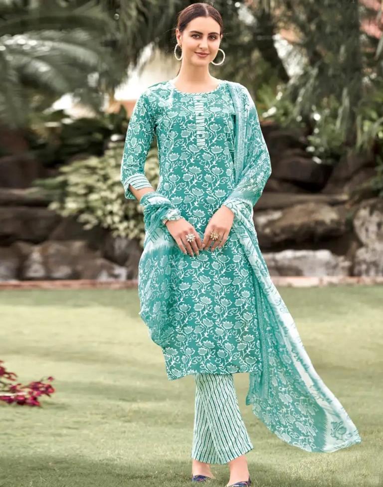 Turquoise Printed Rayon Straight Kurta Set with Dupatta