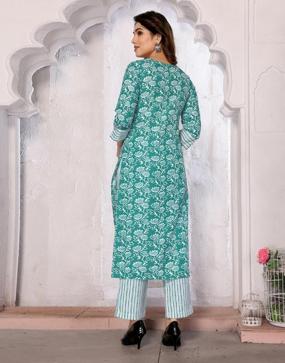 Turquoise Printed Rayon Straight Kurta Set with Dupatta