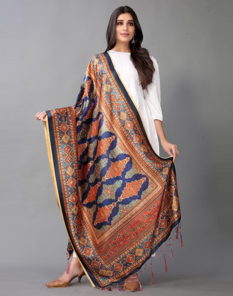 Navy Blue And Multicolour Printed Dupatta | Leemboodi
