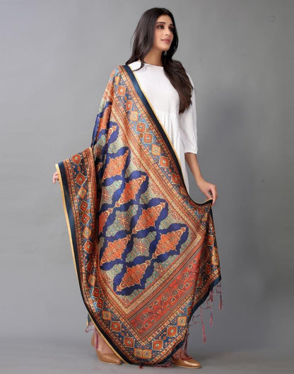 Navy Blue And Multicolour Printed Dupatta | Leemboodi