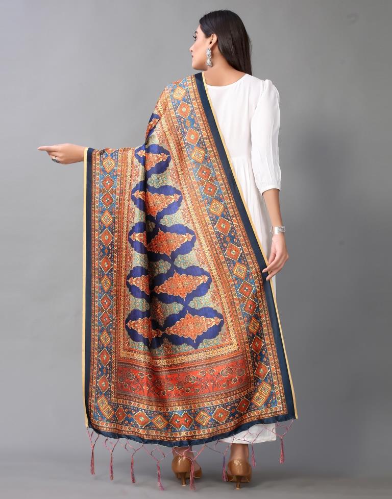 Navy Blue And Multicolour Printed Dupatta | Leemboodi