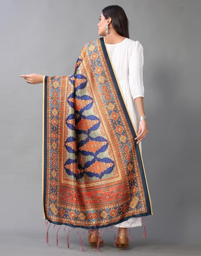 Navy Blue And Multicolour Printed Dupatta | Leemboodi