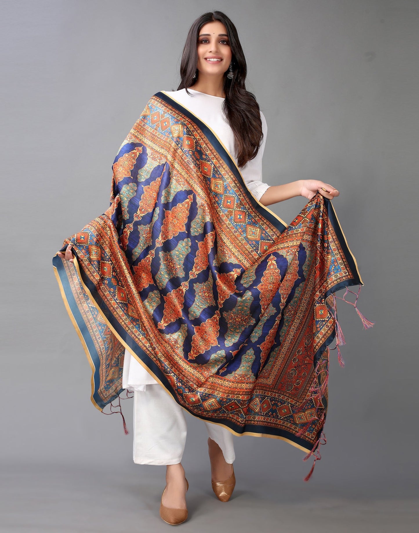 Navy Blue And Multicolour Printed Dupatta | Leemboodi