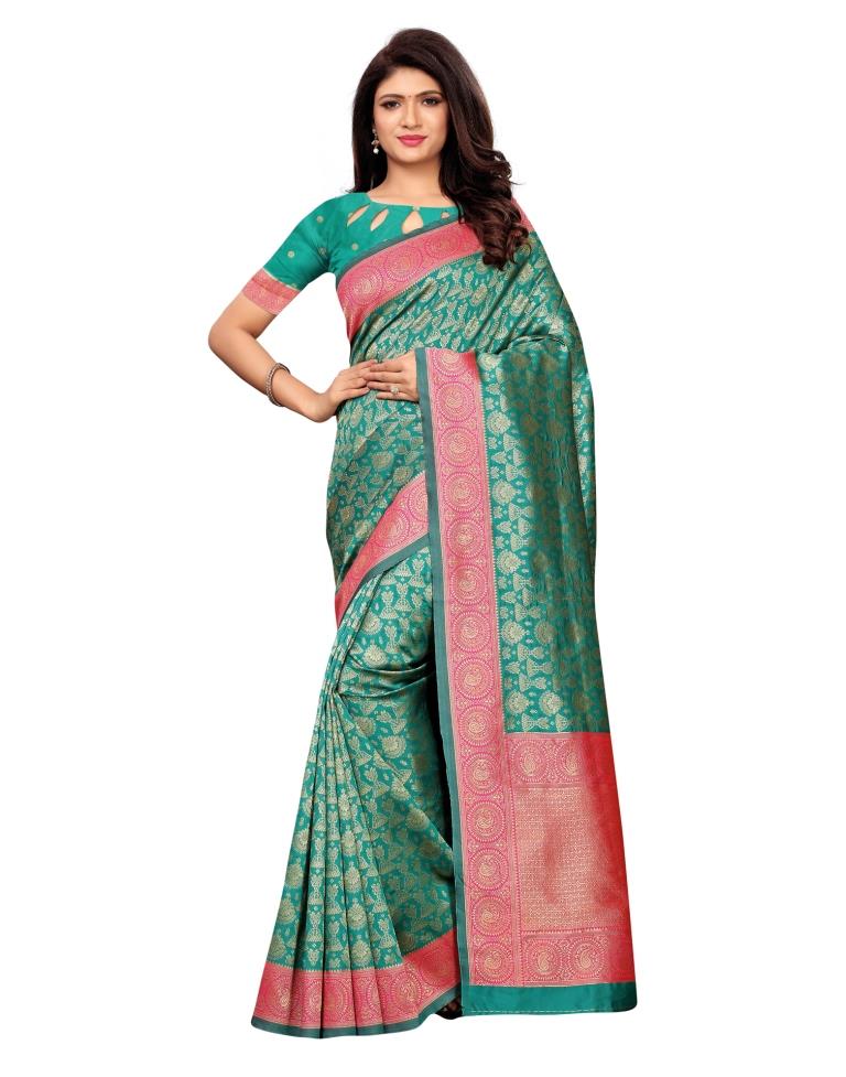 Turquoise Coloured Poly Silk Banarasi Jacquard Saree | Sudathi