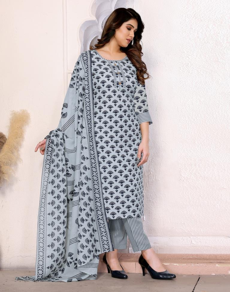 Light Grey Printed Cotton Straight Kurta Set with Dupatta