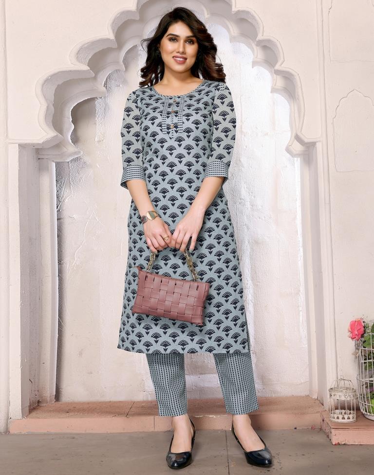 Light Grey Printed Cotton Straight Kurta Set with Dupatta