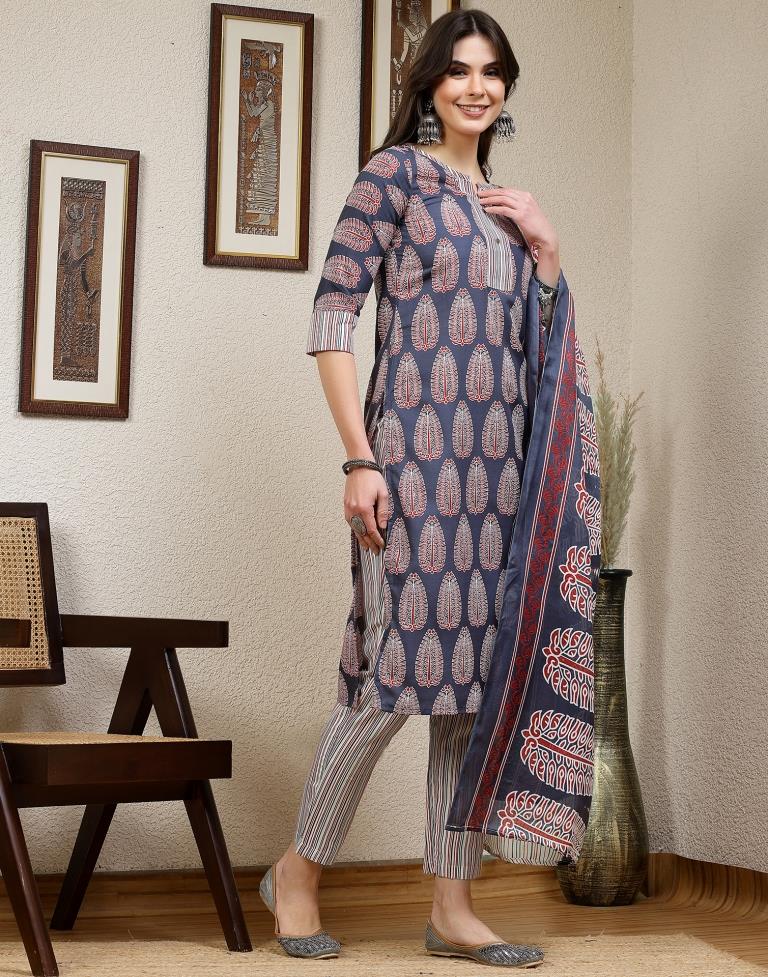 Multicoloured Printed Cotton Straight kurta With Pant And Dupatta