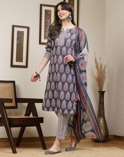 Multicoloured Printed Cotton Straight kurta With Pant And Dupatta