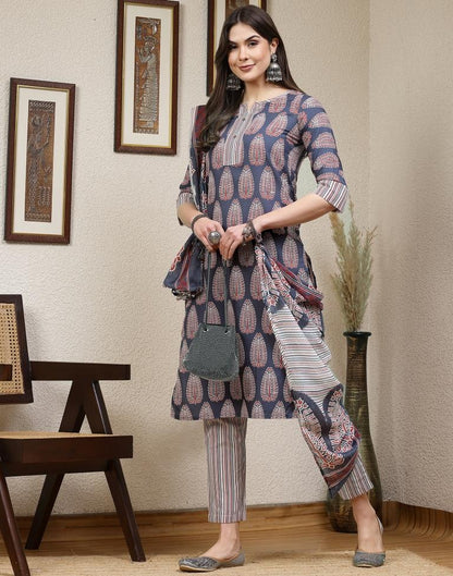 Multicoloured Printed Cotton Straight kurta With Pant And Dupatta