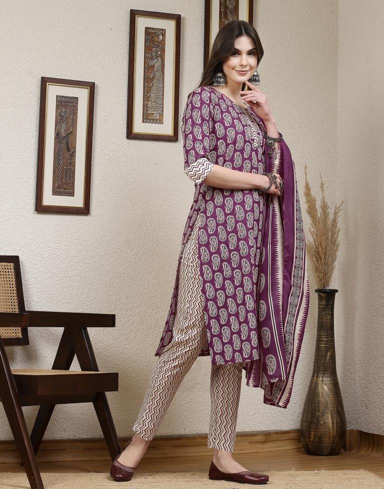 Purple Printed Cotton Straight kurta With Pant And Dupatta