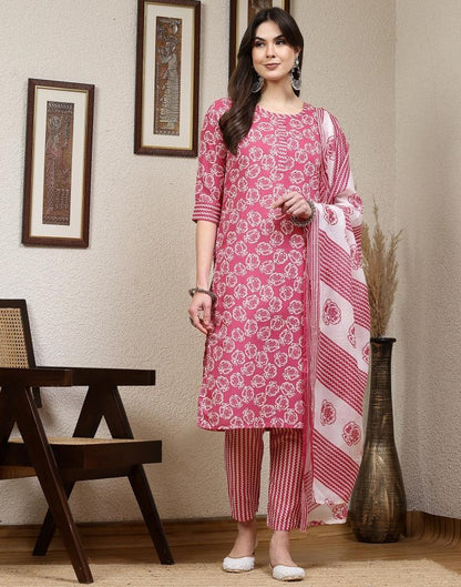 Pink Printed Cotton Straight Kurta With Pant And Dupatta