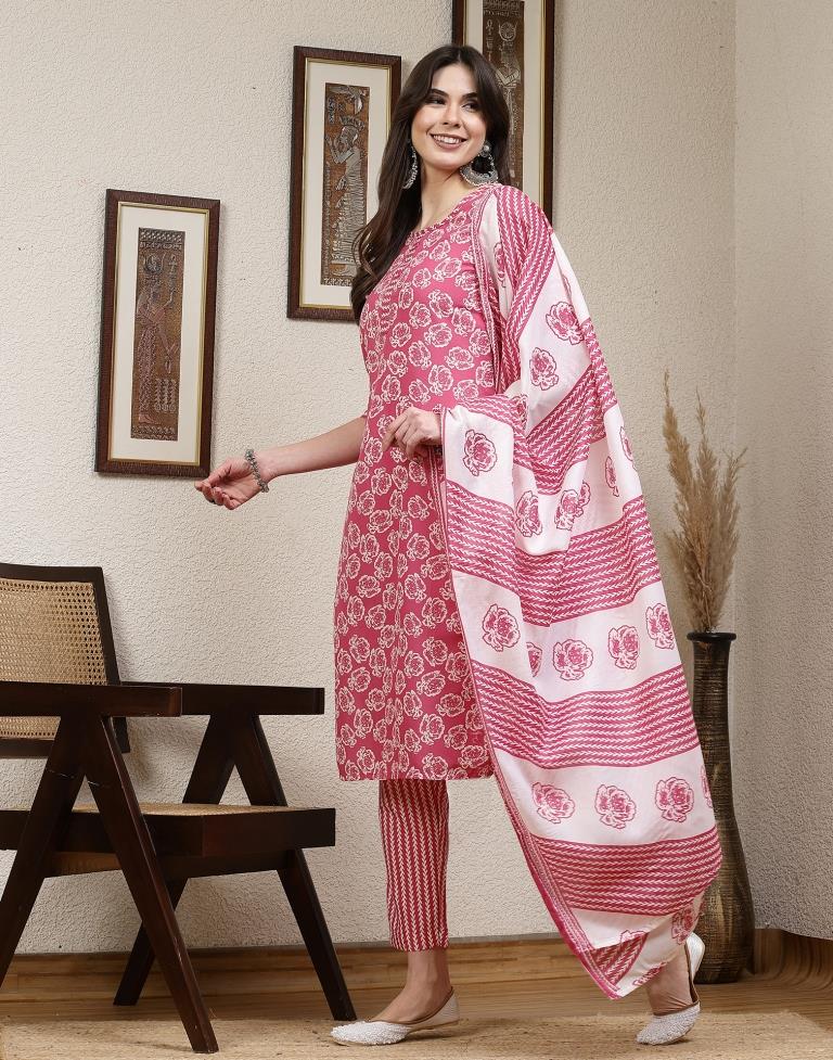 Pink Printed Cotton Straight Kurta With Pant And Dupatta