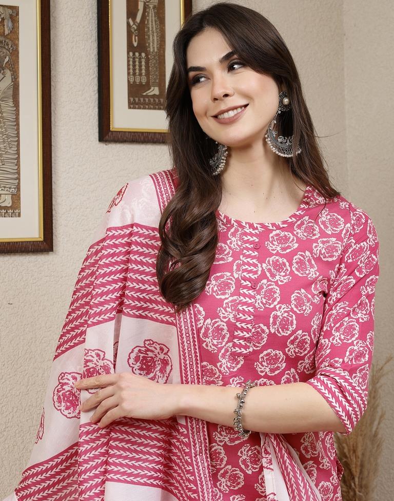 Pink Printed Cotton Straight Kurta With Pant And Dupatta