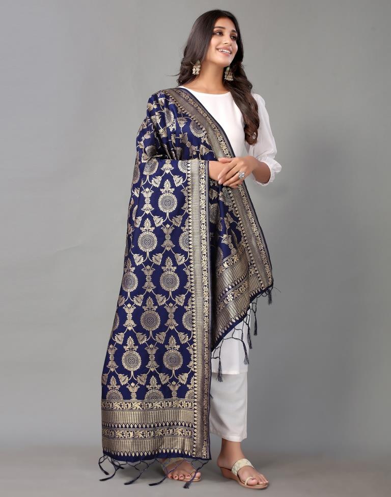 Navy Blue Jacquard Dupatta | Leemboodi