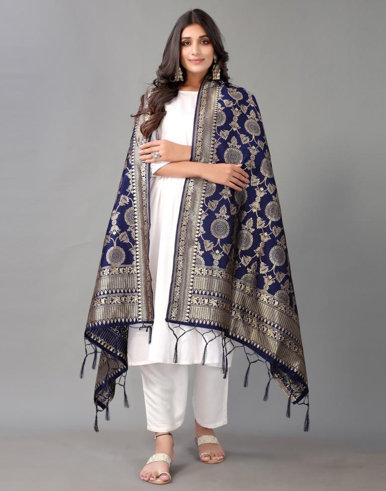 Navy Blue Jacquard Dupatta | Leemboodi
