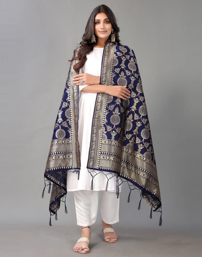 Navy Blue Jacquard Dupatta | Leemboodi