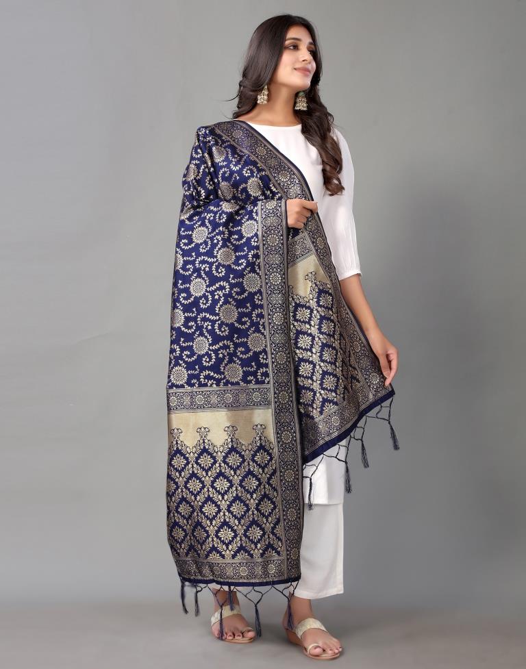 Navy Blue Jacquard Dupatta | Leemboodi