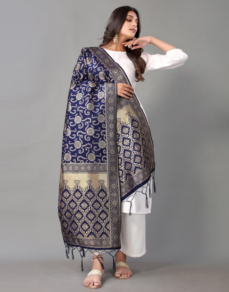 Navy Blue Jacquard Dupatta | Leemboodi