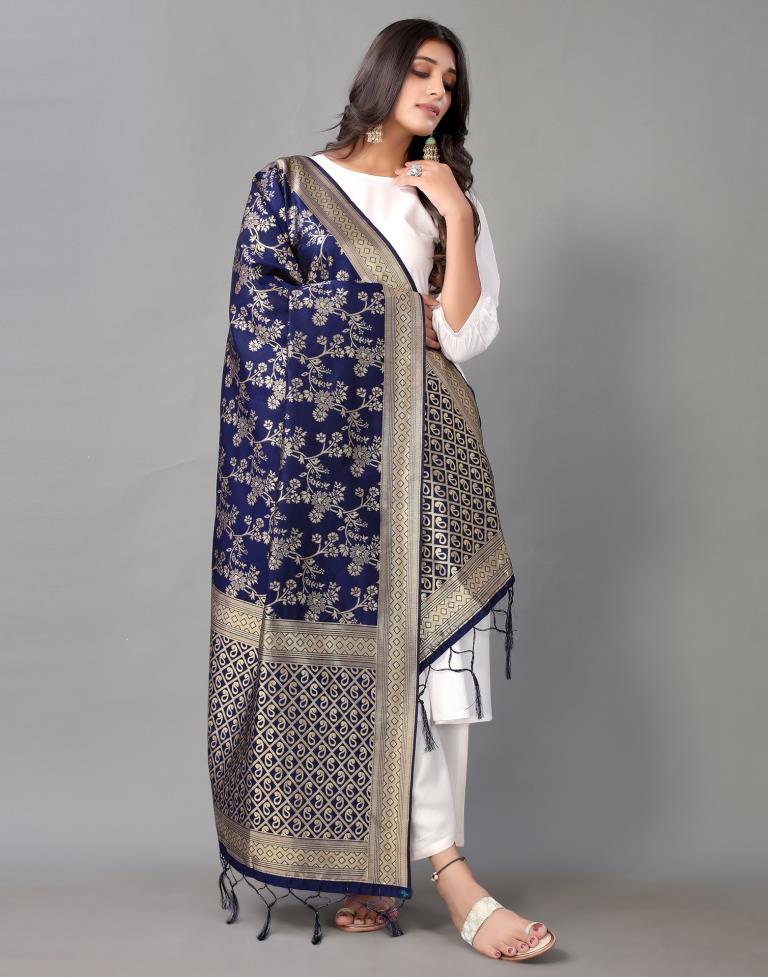 Navy Blue Jacquard Dupatta | Leemboodi