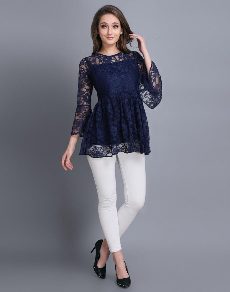 Beauteous Blue Coloured Net Russell Net Tops | Sudathi
