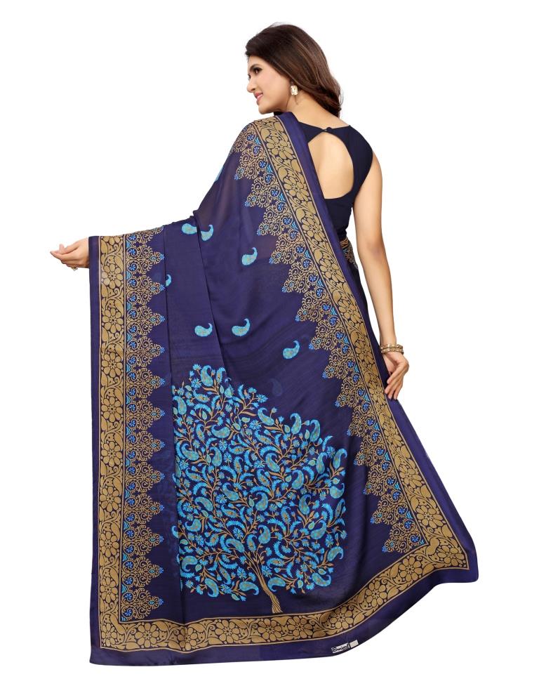 Navy Blue Coloured Georgette Printed Saree | Leemboodi