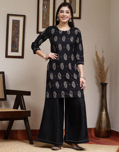 Black Printed Rayon Straight Kurta Set With Dupatta