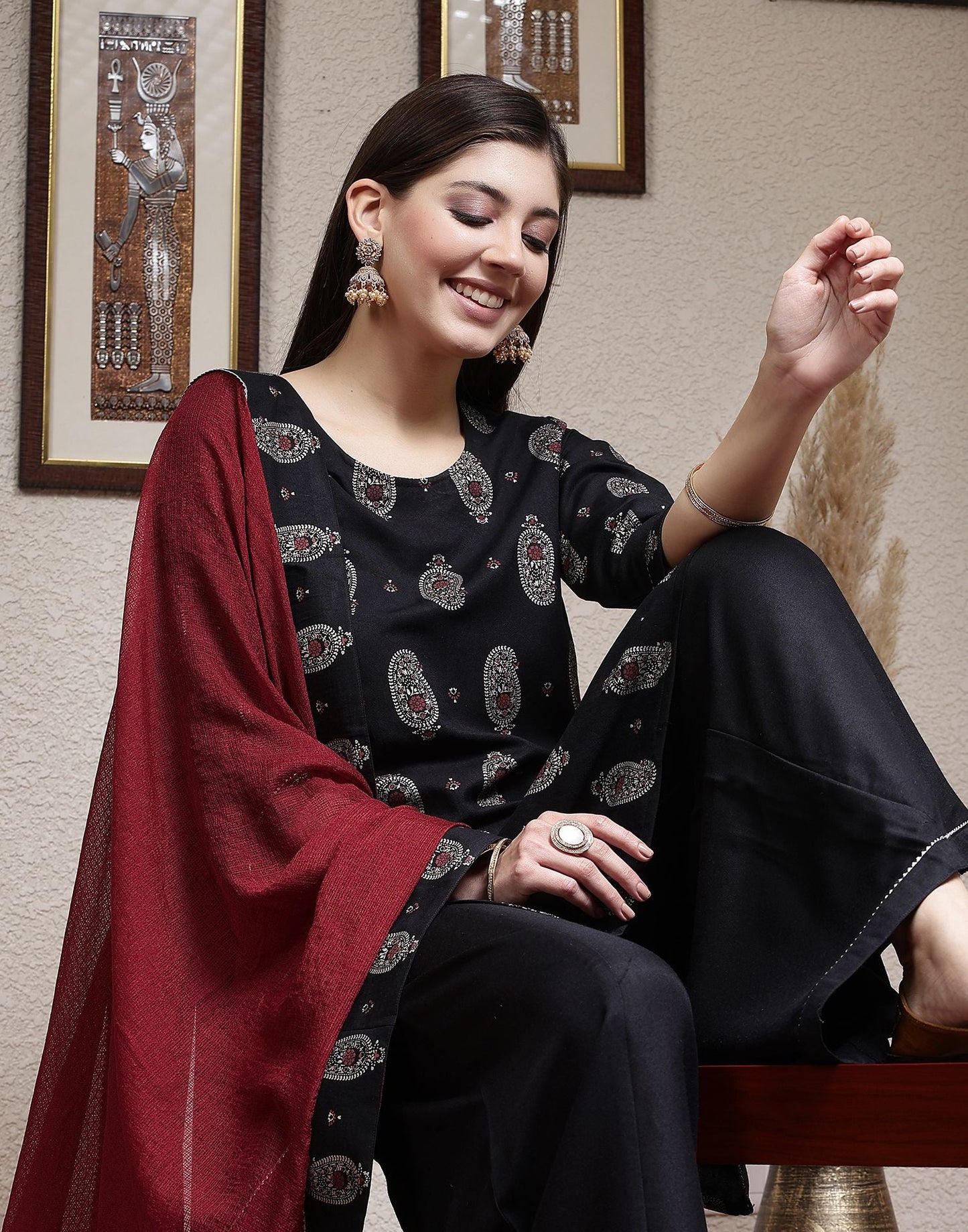 Black Printed Rayon Straight Kurta Set With Dupatta