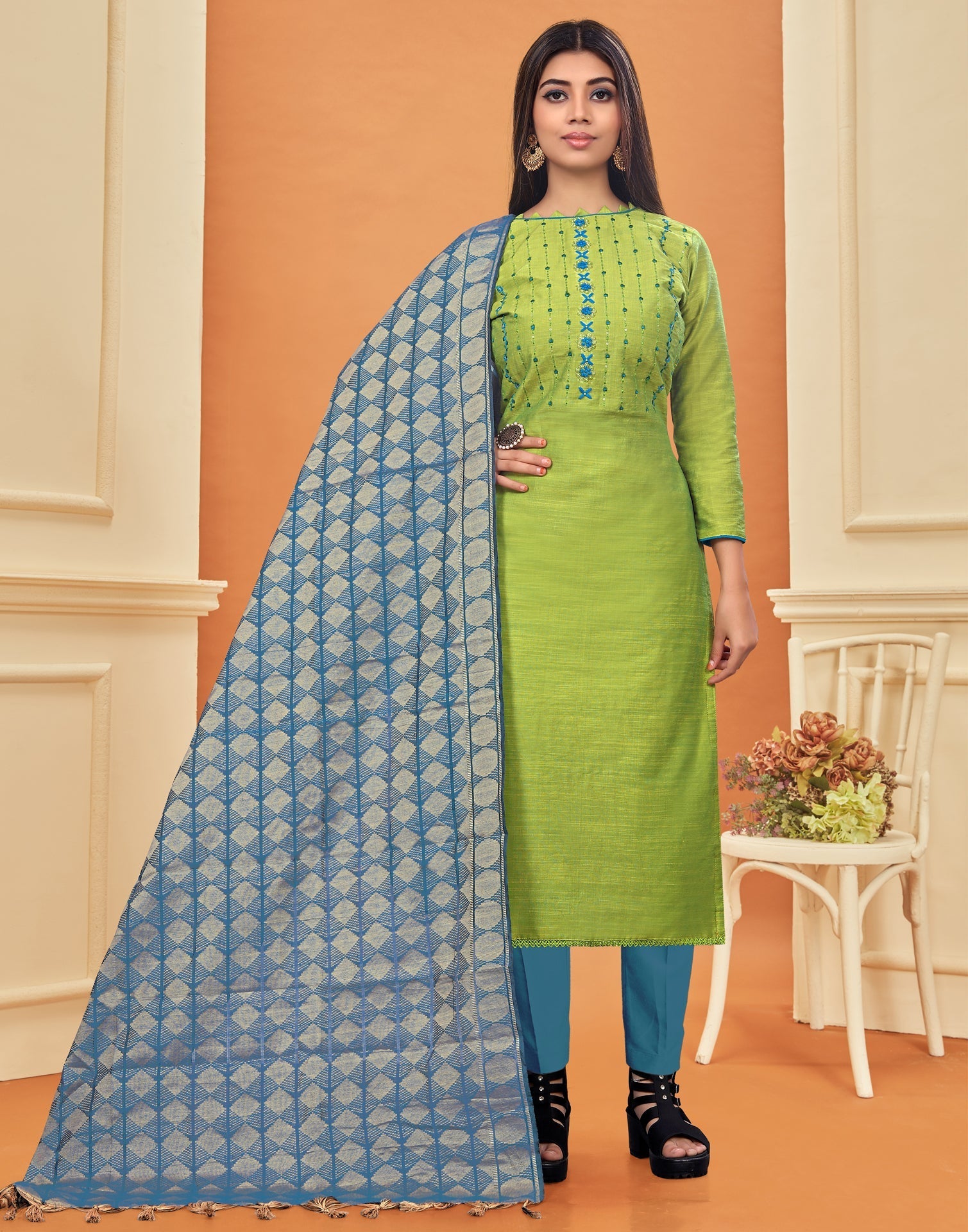 Embroidered Cotton Unstitched Salwar Suit Material | Sudathi