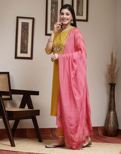 Turmeric Yellow Embroidery Cotton Straight Kurta With Pant And Dupatta