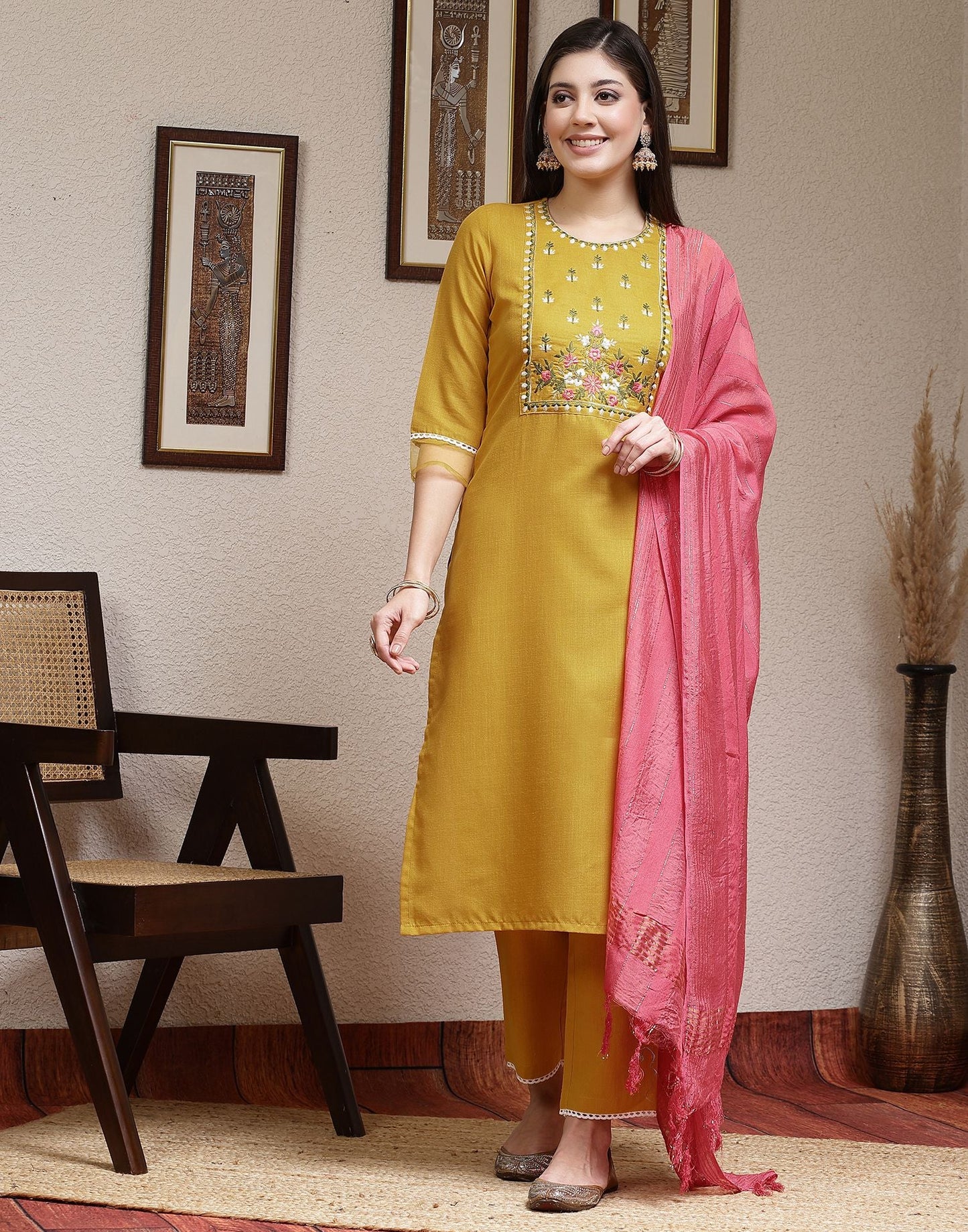 Turmeric Yellow Embroidery Cotton Straight Kurta With Pant And Dupatta