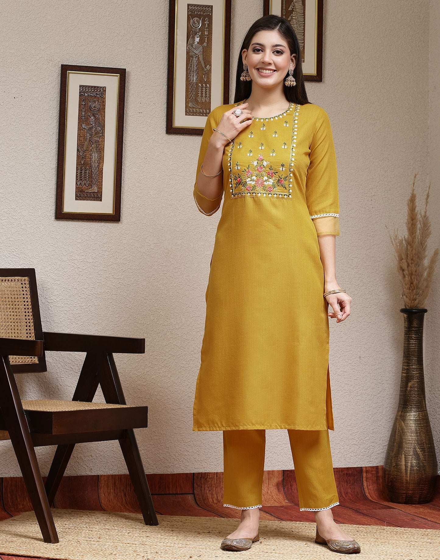 Turmeric Yellow Embroidery Cotton Straight Kurta With Pant And Dupatta