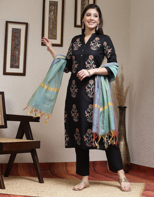 Black Printed Rayon Straight Kurta Set With Dupatta